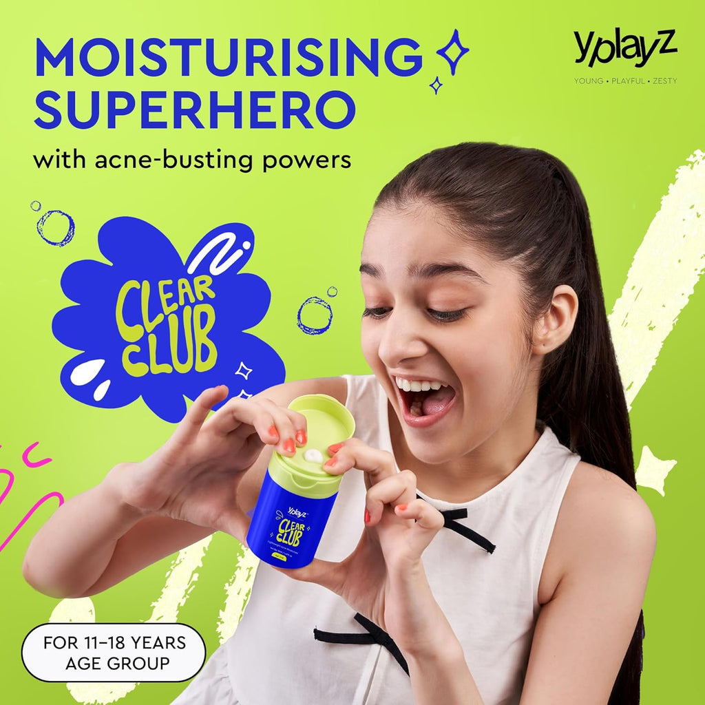 YplayZ Clear Club Acne Moisturizer, Featherlight & Calming Formula for Kids & Teens | Ages 11-18 - 50 Ml