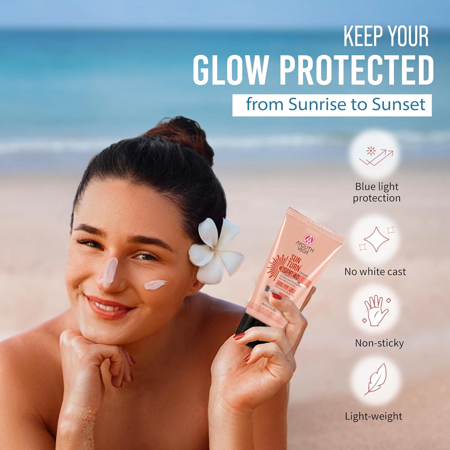 Ayouthveda Sunturn Cream SPF 40 Tinted Sunscreen with BB Effect & PA++++ | Zinc Oxide, Aloe Vera & Berry Extracts | Broad Spectrum UVA/UVB & Blue Light Protection | No White Cast | Lightweight & Water Resistant | 60g (Pack of 1)