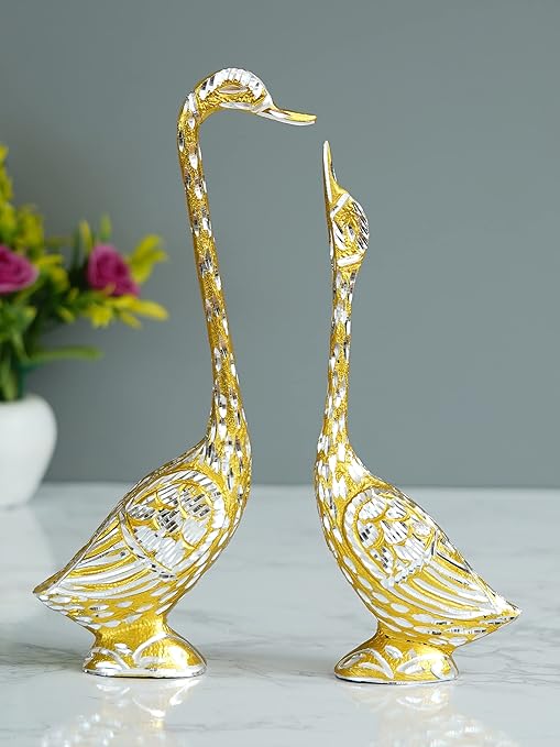 Ecraftindia Silver and Golden Metal Kissing Swan Couple Showpiece | Love Birds Statue