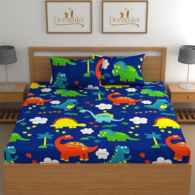 Dreamlet Prime Collections 180tc Pure Cotton Breathable Supersoft Wrinkelfree Double Flat Bedsheet With 2 King Size Pillow Covers | Blue