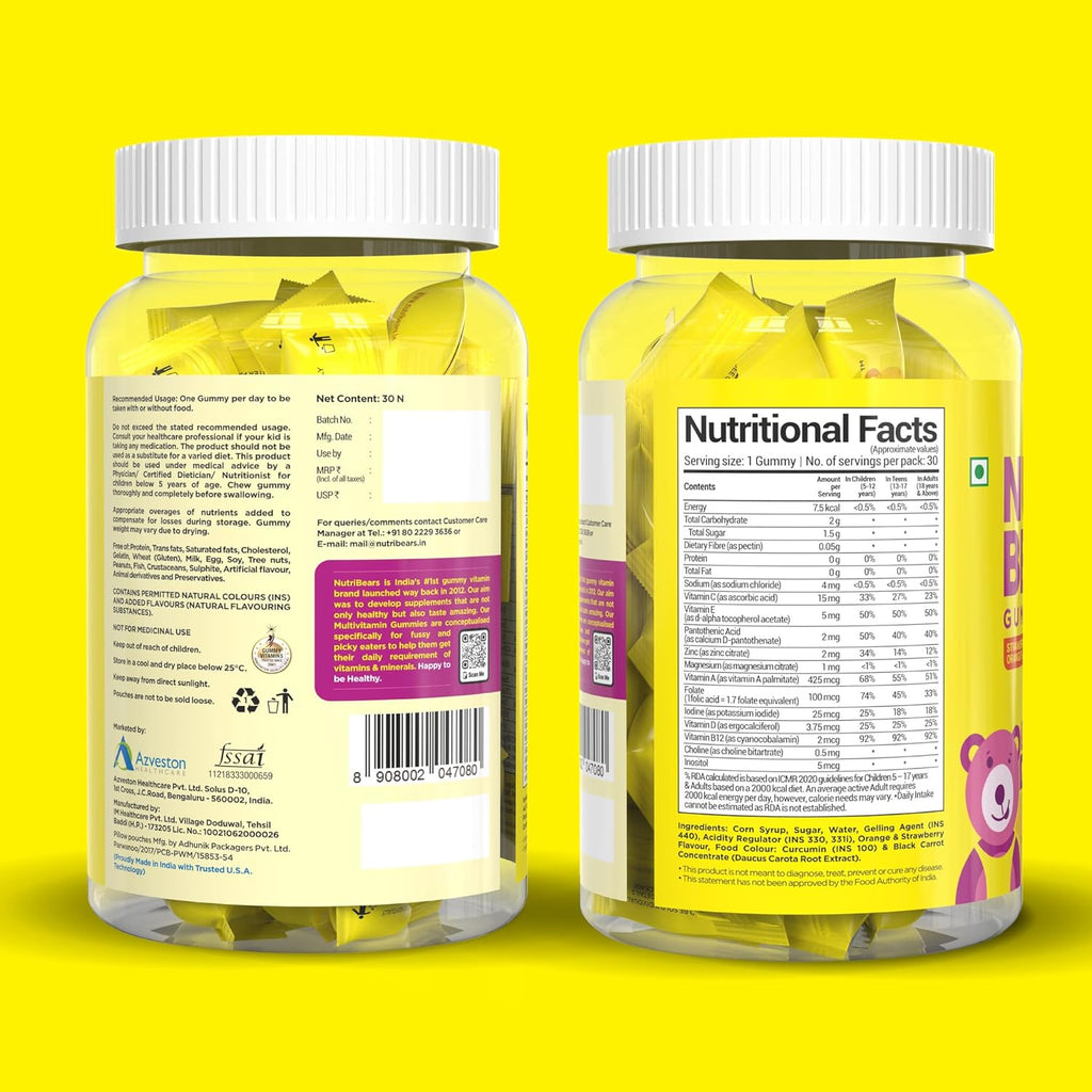 NutriBears Kids Multivitamin Gummies | 12 Essential Nutrients | No Artificial Colours or Sweeteners | Low Sugar | Immunity, Growth & Brain Development | Age 2-12 | Strawberry & Orange | 30 Gummy Bears