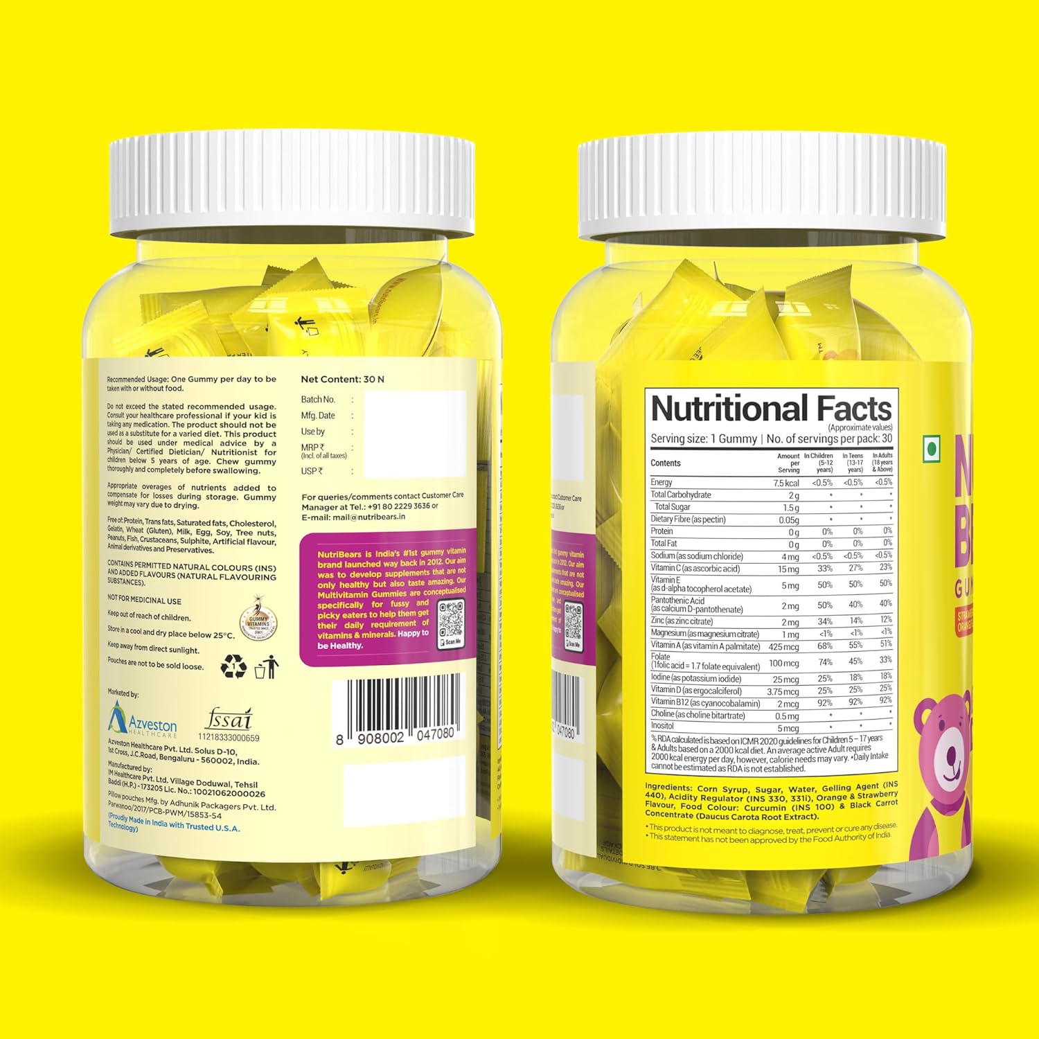 NutriBears Kids Multivitamin Gummies | 12 Essential Nutrients | No Artificial Colours or Sweeteners | Low Sugar | Immunity, Growth & Brain Development | Age 2-12 | Strawberry & Orange | 30 Gummy Bears