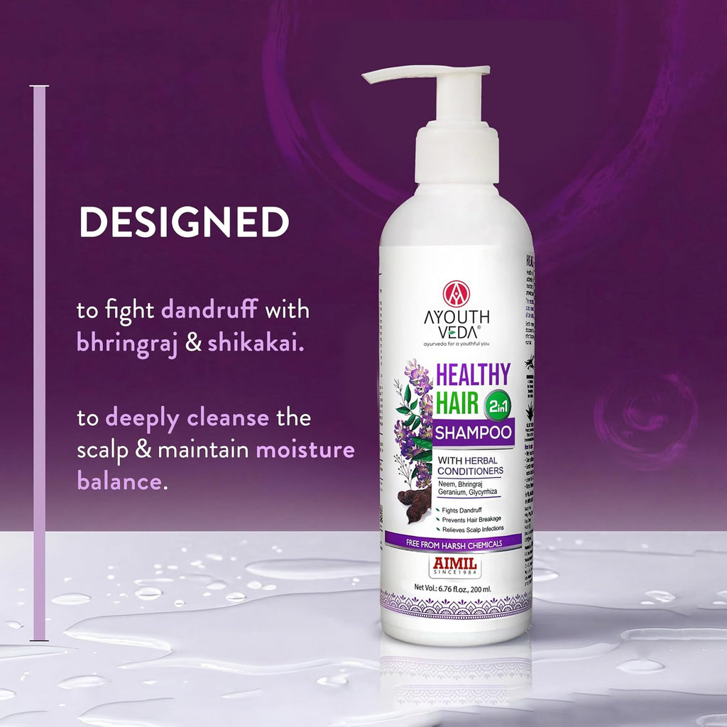 Ayouthveda Healthy Hair Shampoo with Bhringraj & Shikakai | 2-in-1 Shampoo & Conditioner | Ayurvedic Care with Neem & Lemon | Cleanses Scalp & Nourishes Hair | For All Hair Types | 200 ml (Pack of 1)