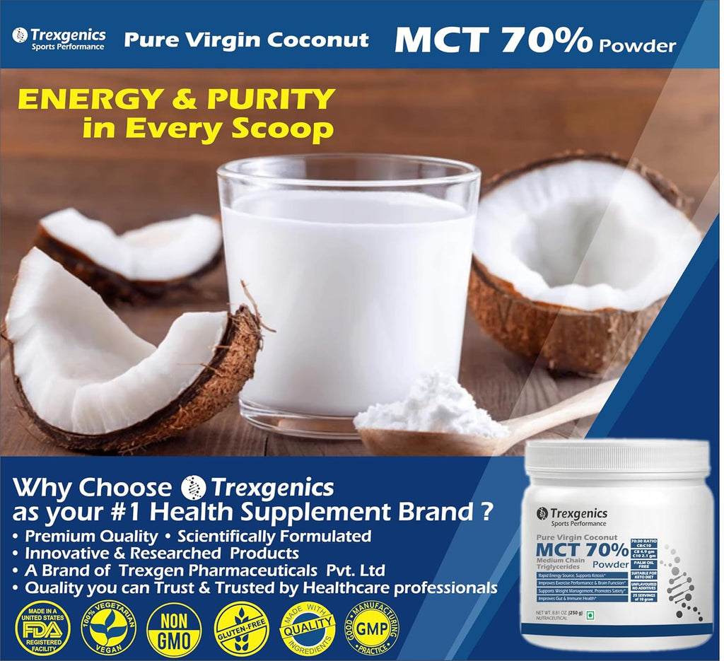 Trexgenics Pure MCT Medium Chain Triglycerides 70% Powder (from Virgin Cogonut) 70:30 C8:C10 Ratio, Rapid Energy, Ketosis Support (250 gram)