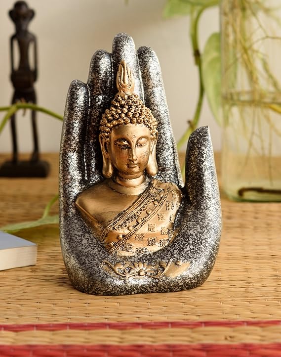 Ecraftindia Golden, Silver & Black Resin Handcrafted Palm Buddha Statue