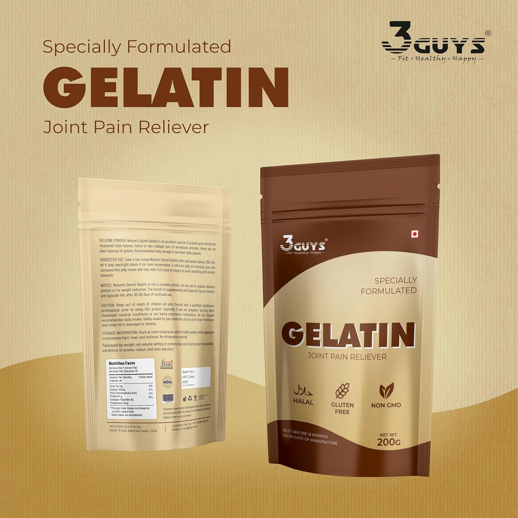3 GUYS Edible Gelatin Powder 200g for Food & Cosmetic Use | Natural Joint Pain Reliever & Digestion Support | Unflavoured Base for DIY Peel-Off Face Masks & Hair Removal | Gluten-Free, Halal & Non-GMO for Graceful Aging