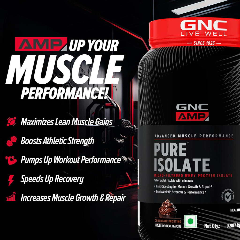 GNC Amp Pure Isolate Zero Carb | 2 Lbs | 30 Servings | Boosts Athletic Performance Builds Lean Muscles | Speeds Up Recovery | Digezyme For Easy Digestion | 25G Protein | 6G Bcaa | Chocolate Frosting