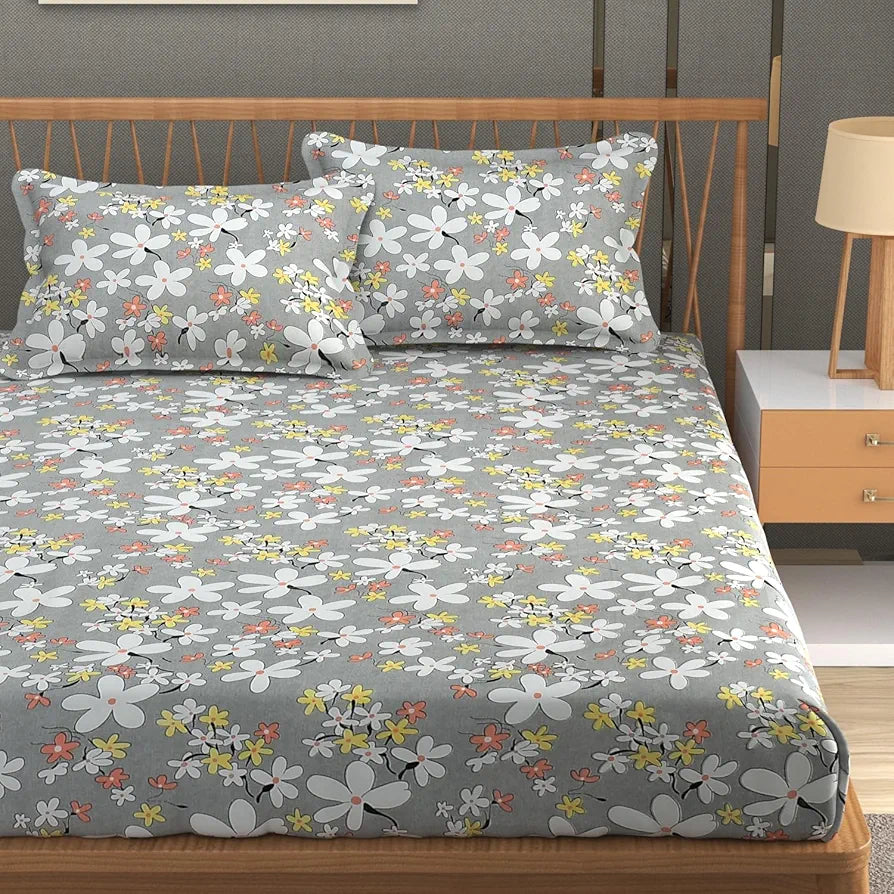 Homefab India 180 TC Microfiber Double BedSheet with 2 Pillow Covers  Light Grey Floral