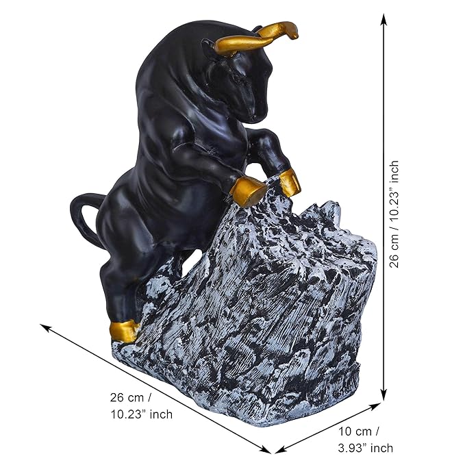 Ecraftindia Black Polyresin Bull Statue With Golden Horns & Climbing on Rock Showpiece