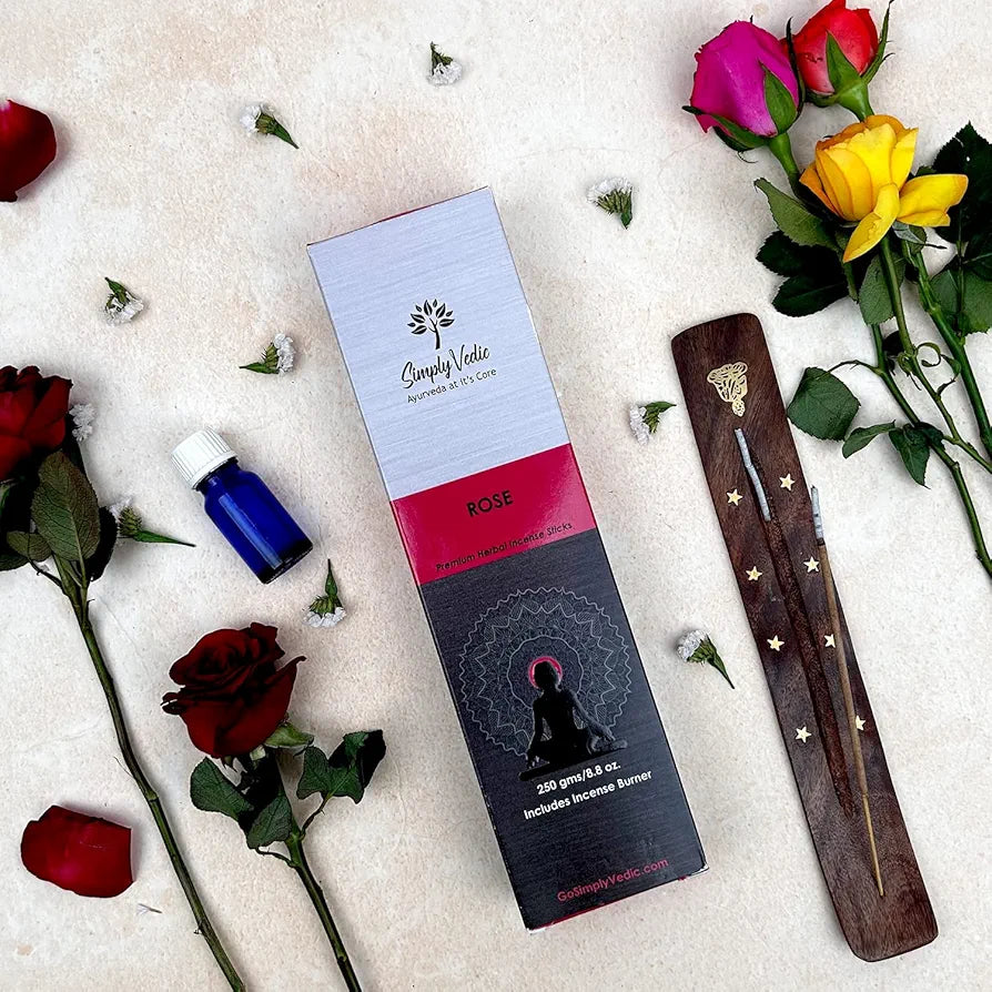 Simply Vedic Rose Incense Sticks with Holder – 135 Hand-Rolled Agarbatti