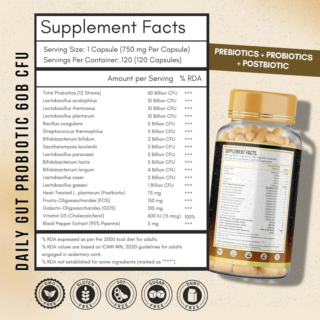ANUPURAK Gut Health Probiotic 60 Billion CFU — 12 Strains Synbiotic | Postbiotic + FOS & GOS Prebiotics | Supports Digestion, Gut Flora & Immunity | Daily Gut Balance Supplement | 120 Capsules (120 Days)