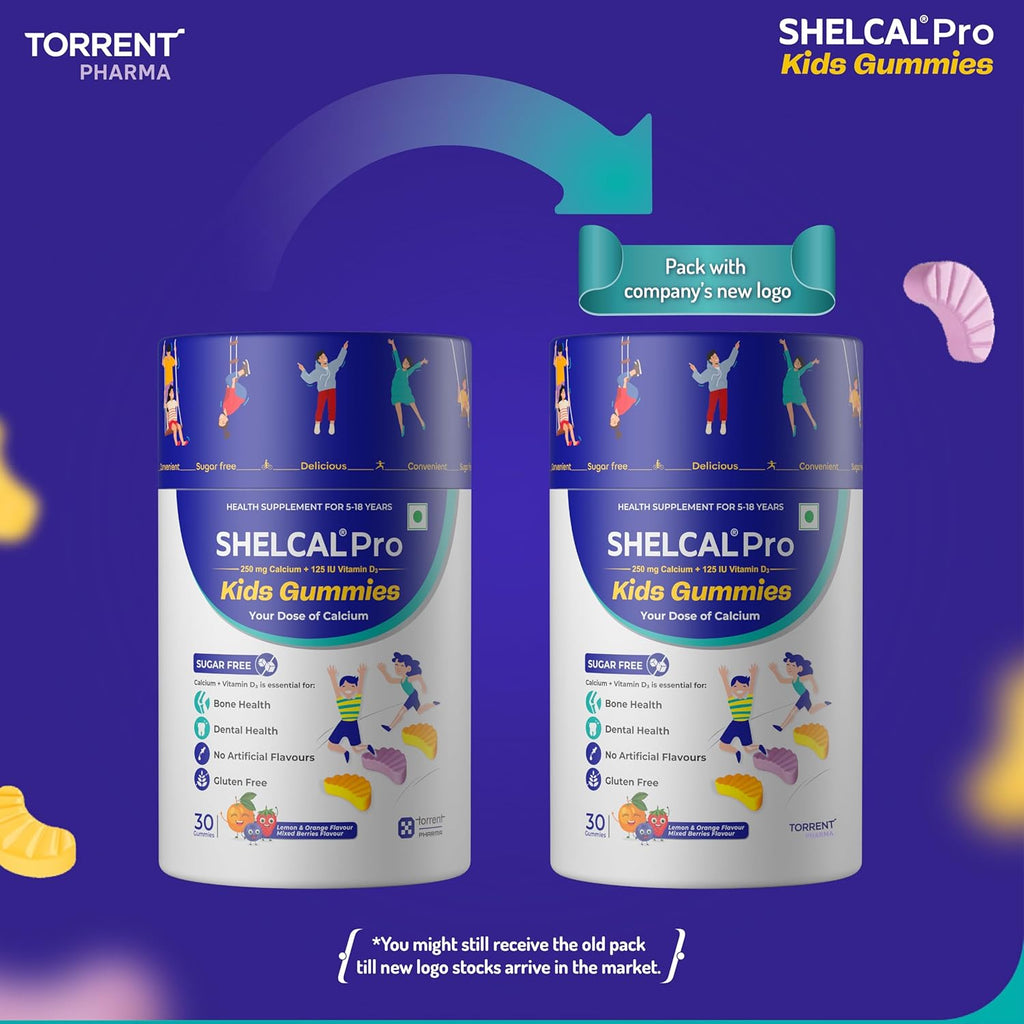 Shelcal Pro Kids Sugar Free Calcium Gummies | Calcium and Vit D3 essential for Bone & Dental Health | Lemon-Orange & Mixed Berries Flavors (30 Gummies) - By Torrent Pharma