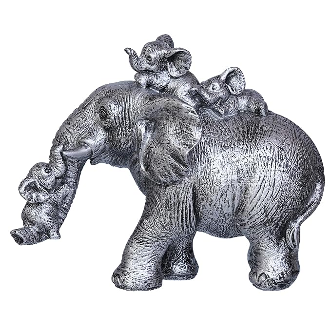 Ecraftindia Cute Silver Elephant Statue Carries Three Calves on Its Back and Trunk | Good Luck Home Decor Showpiece