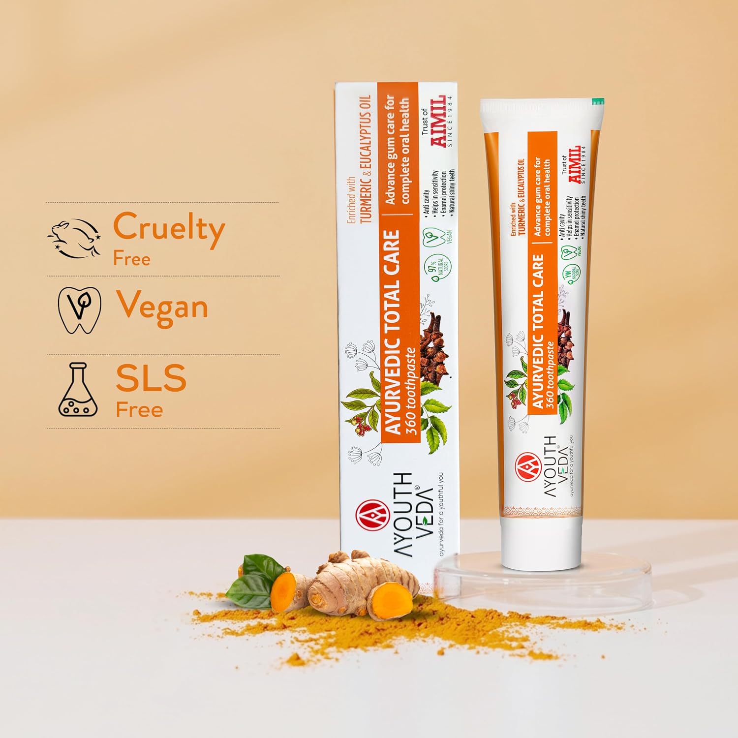 Ayouthveda Total Care 360 Toothpaste | Turmeric & Eucalyptus Oil Toothpaste for Cavity Prevention, Enamel Protection, Gum Strengthening & Long-Lasting Fresh Breath | Natural Anti-Bacterial Oral Care Formula | 100g (Pack of 1)