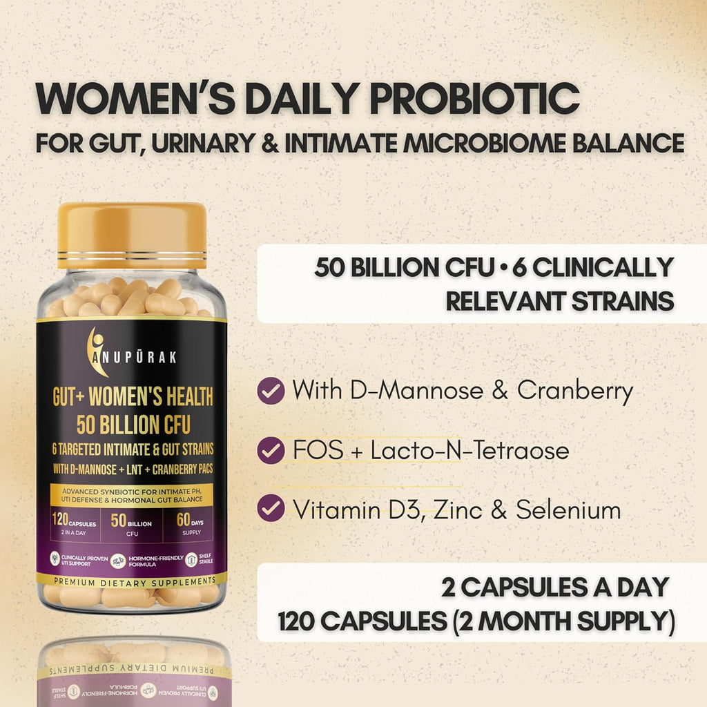 ANUPURAK Women's Probiotic 50 Billion CFU | Vaginal, Urinary Microbiome & Gut Health Support | 6 Strains Probiotic for Women with D-Mannose + Cranberry + LNT Prebiotic | 120 Capsules (60-Days)