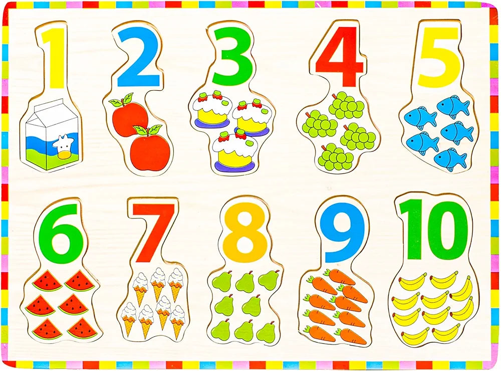 Wishkey Number Board Puzzle Toy with Illustrations, Montessori for Pre-Schooler Kids, Wooden Educational Puzzles