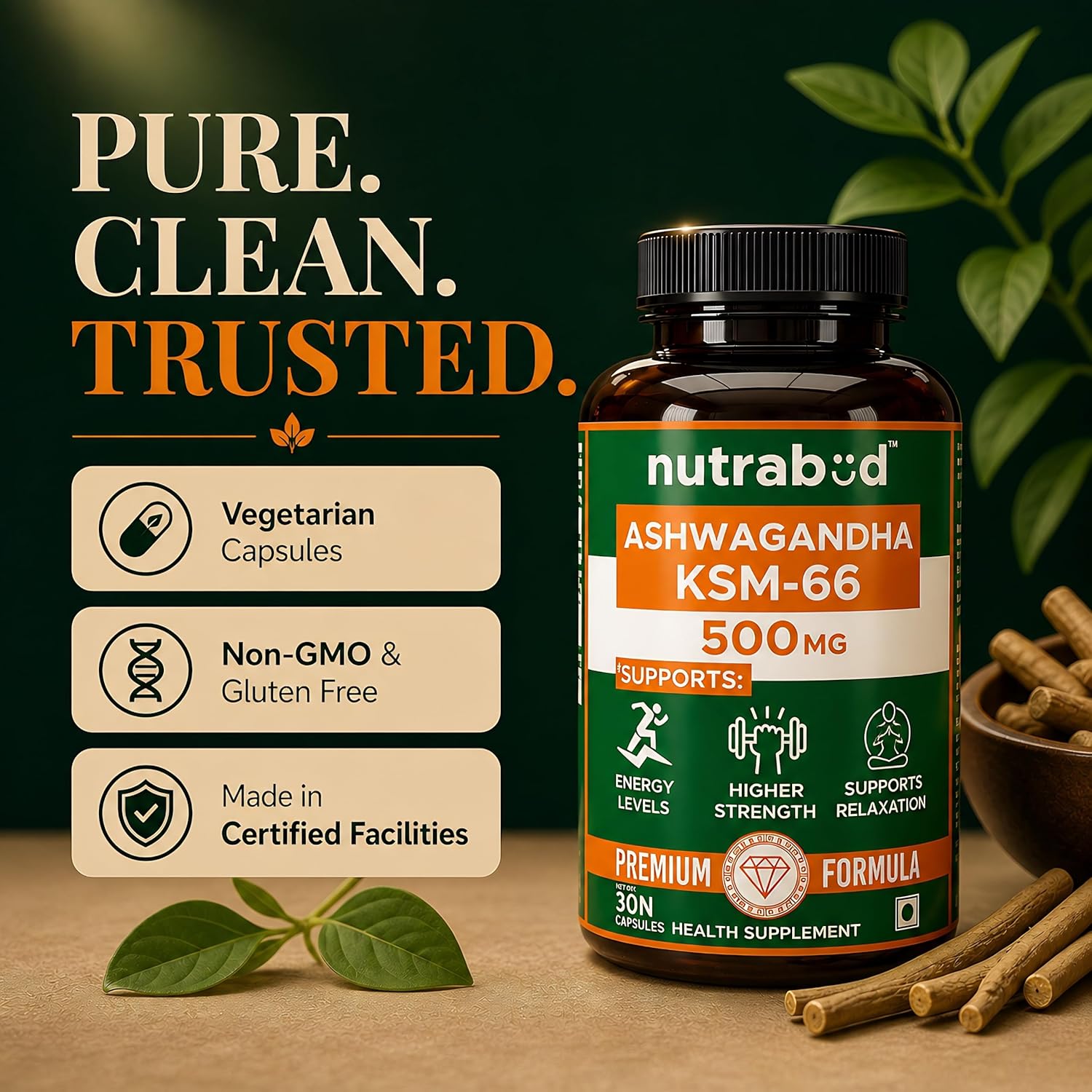 Nutrabud Ashwagandha KSM66 500mg - 30 Capsules - KSM 66 Ashwagandha Tablets for Men & Women - 5% Withanolides for Stress Relief, Energy & Recovery Support (30 Count (Pack of 1), Unflavoured)