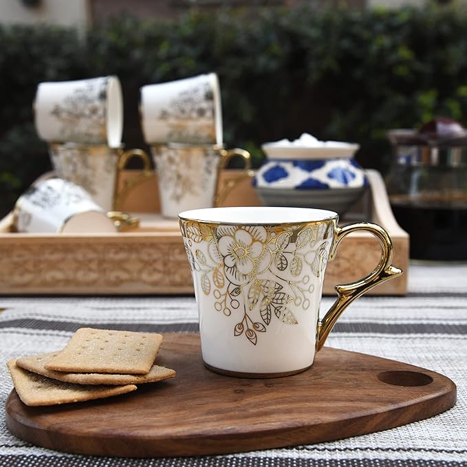 Femora Premium Gold Floral Buds Leaves Ceramic Coffee & Tea Cup Set of 6 | 160 Ml