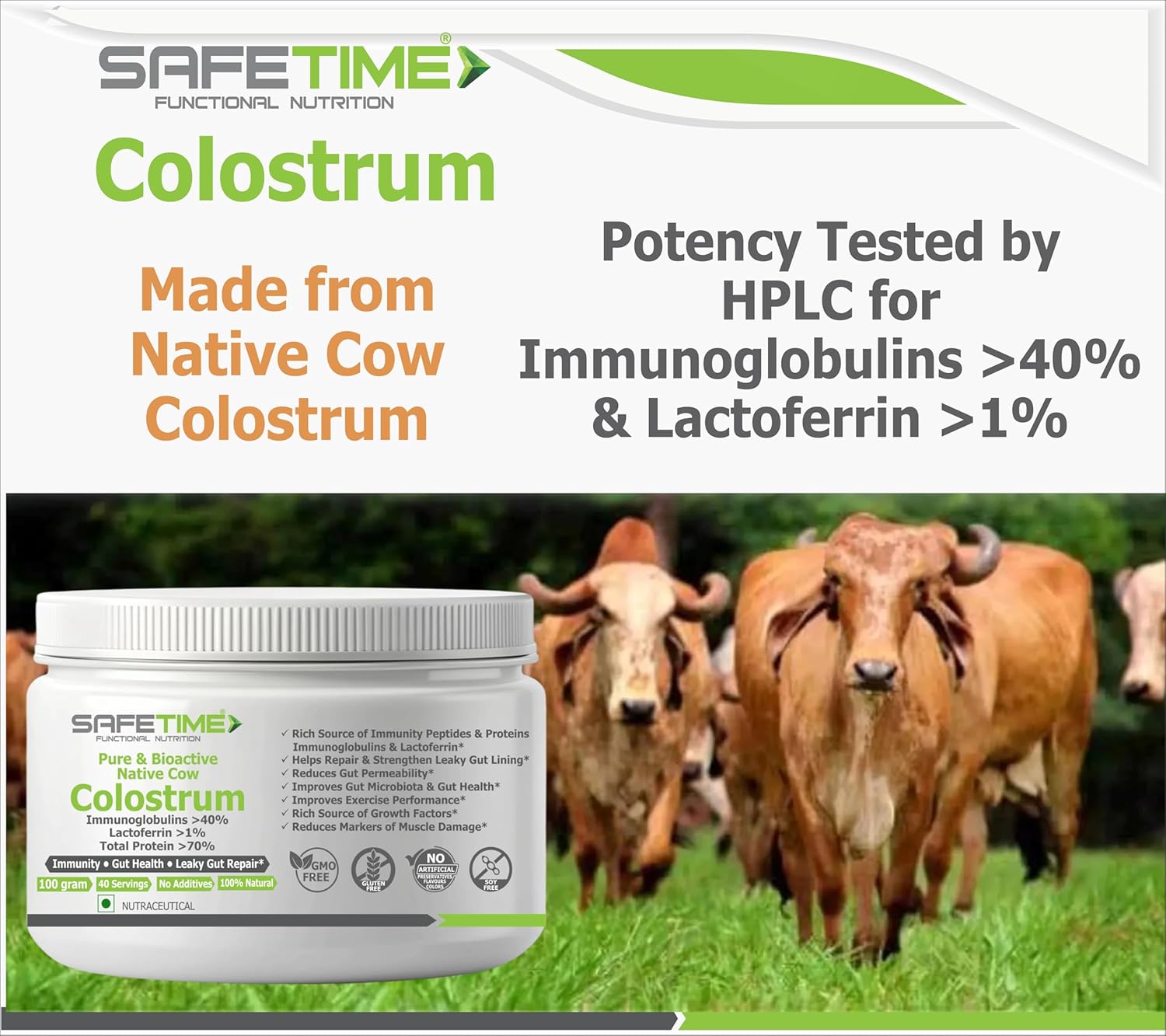 NATIVE COW COLOSTRUM, PURE with 70% Total Protien, 40% Immunoglobulins, 1% Lactoferrin, Leaky Gut, Immunity, Gut Health (100 gm powder) (Pack of 1)