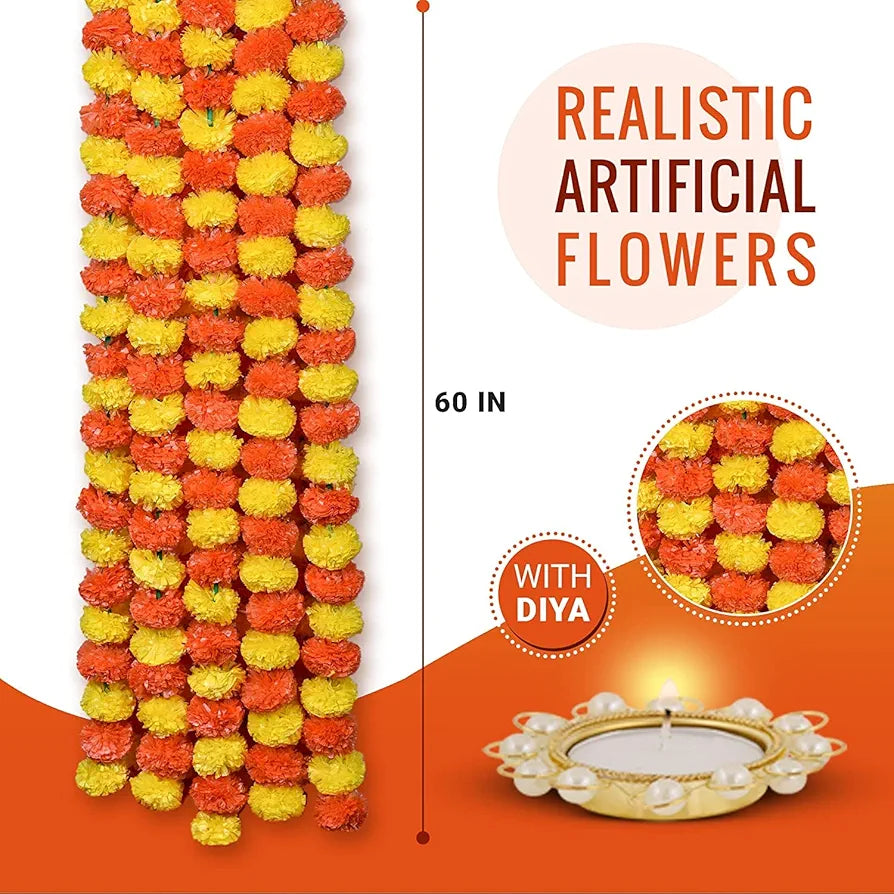 Artificial Marigold Flowers for Decoration Garland 5 Feet Long 5pcs Multicolour