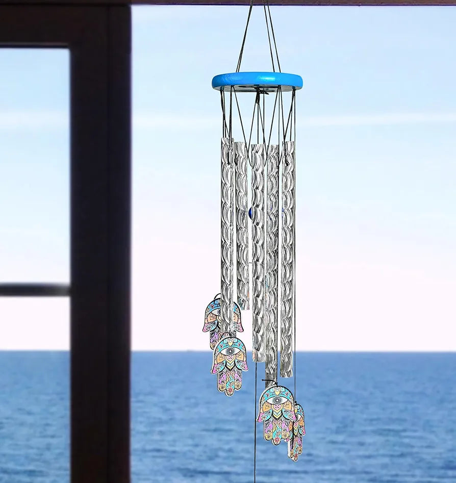 Wind Chimes for Balcony and Home 6 Hamsa Hand 5 Silver Pipe Wind Chime -014