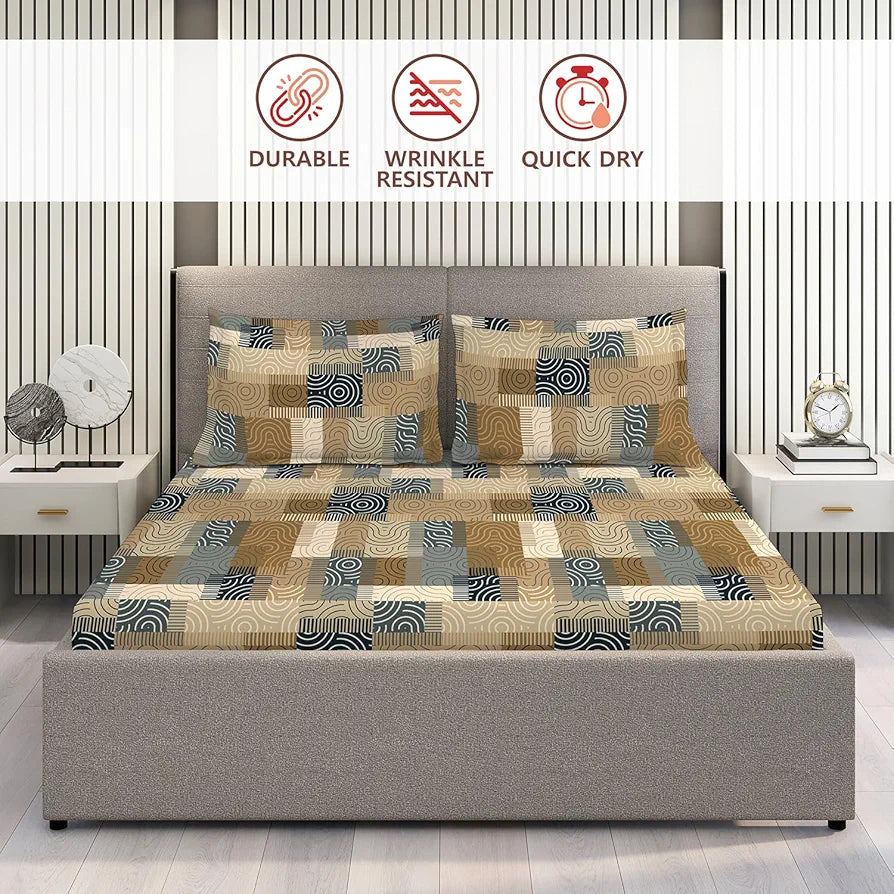 Layers Tivoli Cotton Bedsheet Set for All Seasons Lightweight 104 TC Queen Size Beige/Blue Color