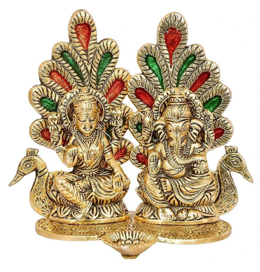 Chhariya Crafts Laxmi Ganesh Idol Statue with Diya Peacock Design Decorative Showpiece for Home and Office Decor Gift Item - 14 cm