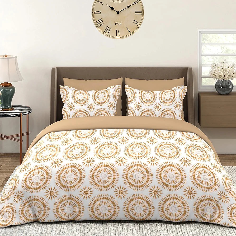 Layers Home Easy Cotton Bedsheet Set for All Seasons Lightweight 144 TC Queen Size Beige Printed
