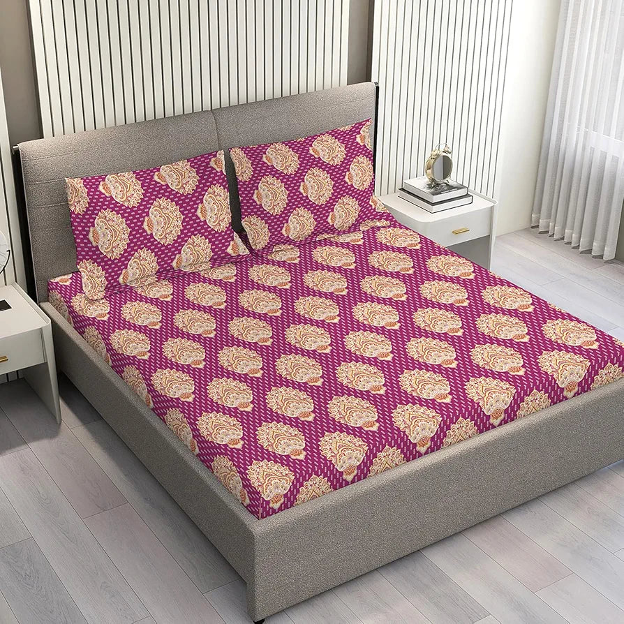 Layers Glory Cotton Bedsheet Set for All Seasons Lightweight 144 TC Queen Size Multicolor Pink