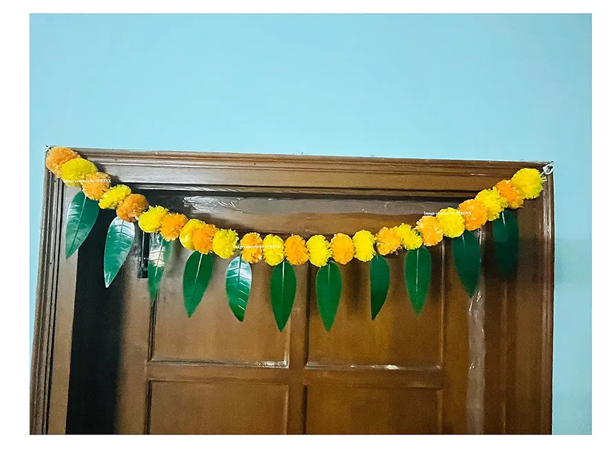 Artificial Marigold &Mango Leaves Simple Door-Window Toran Yellow and Light Orange
