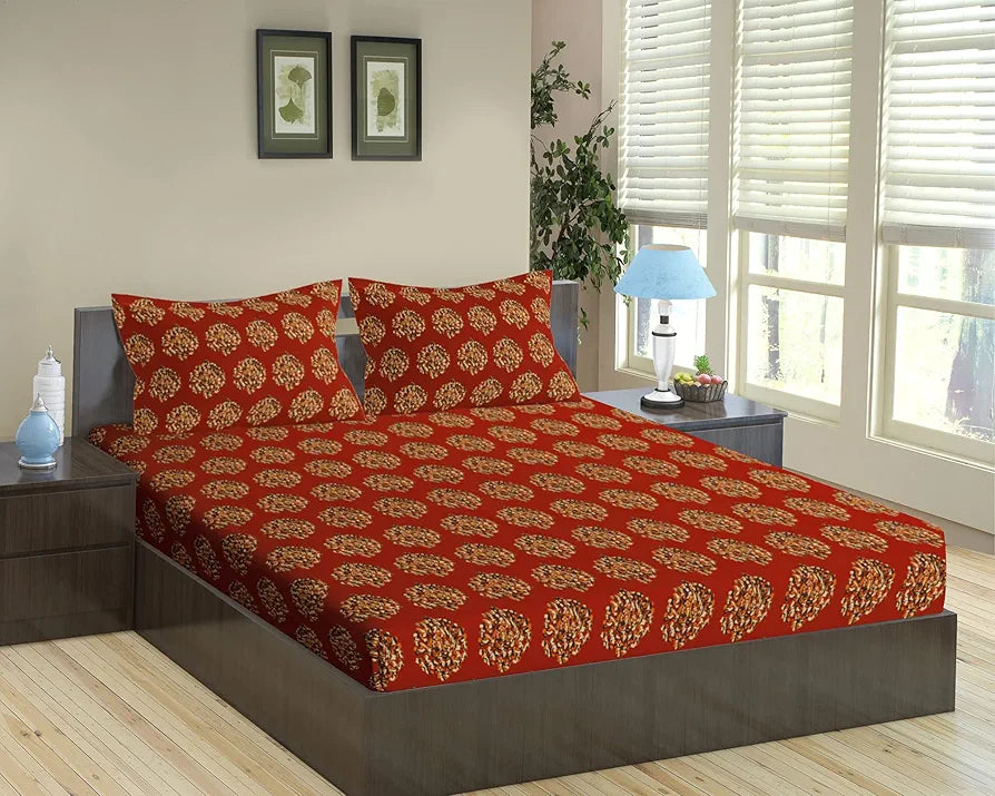 Trance Home Linen 200TC 100% Cotton 78"x72" Standard King Size Fitted Bedsheet Elastic Printed King Bed Size with 2 Pillow Covers Colour Damask Clay Red