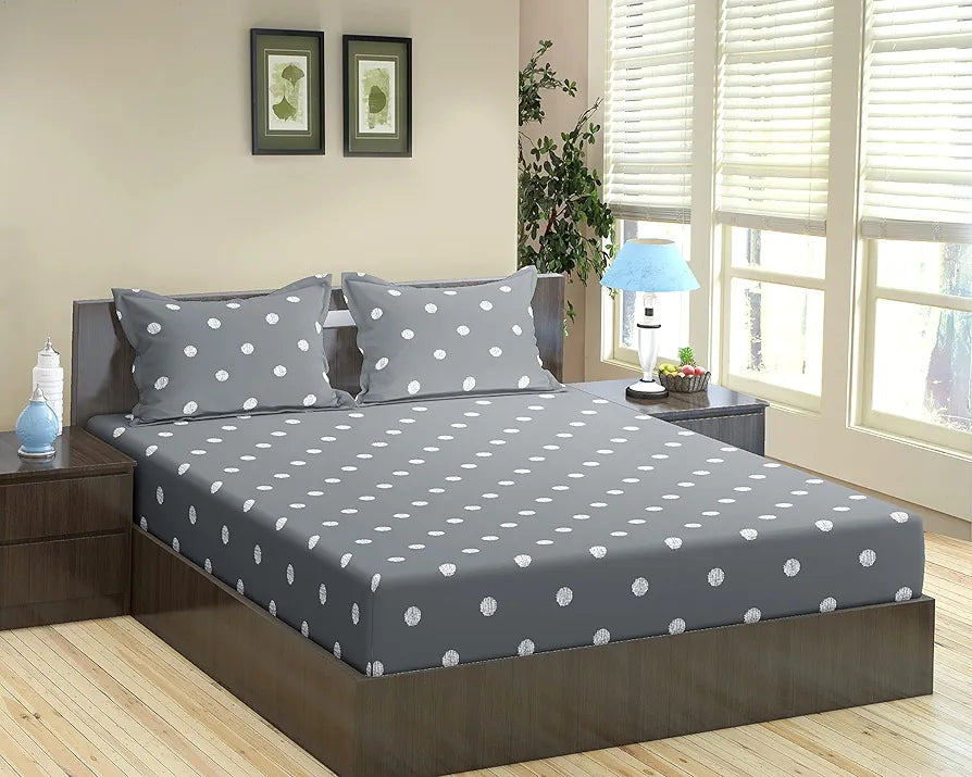 Trance Home Linen 300Tc Cotton 78"X60" Standard Queen Size Elastic Fitted Bedsheet Printed Queen Bed Size With 2 Pillow Covers 300 TC Colour Grey White Circles