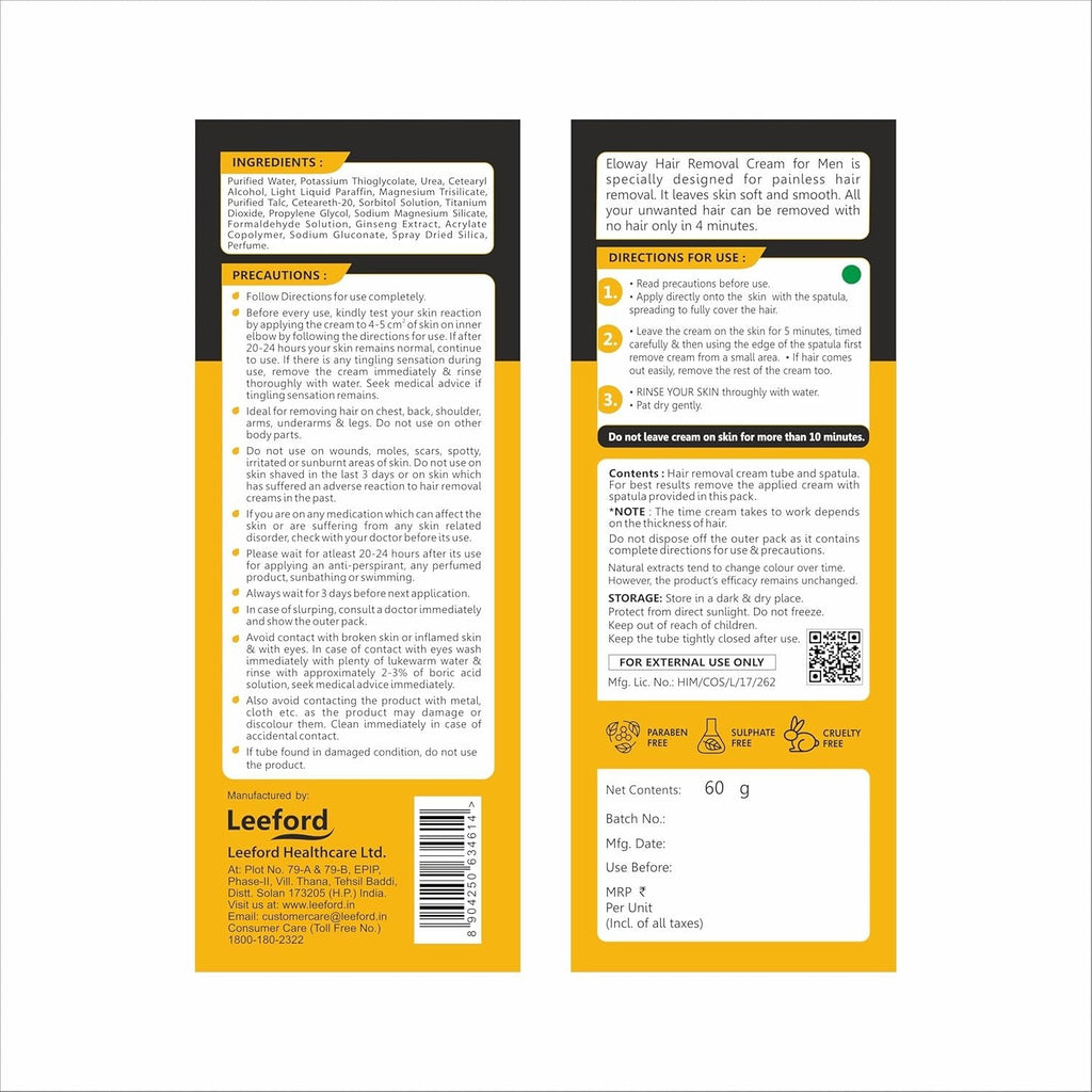 Eloway Hair Removal Cream for Men - 60 gms (Pack of 2)