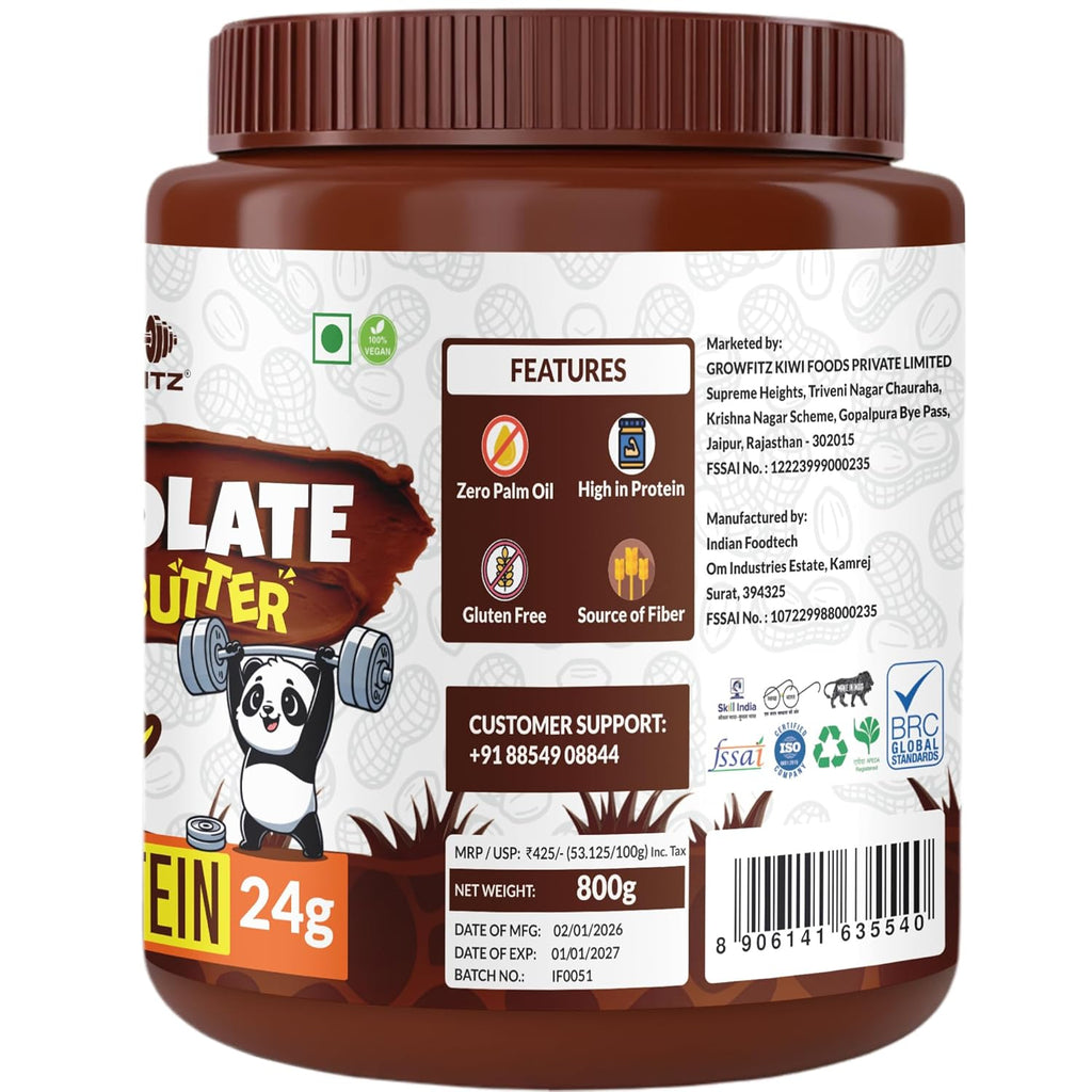 Growfitz Peanut Butter Chocolate Smooth 800g | 24g High Protein Peanut Butter | 7g Fiber | Tasty & Healthy Nut Butter Spread for Breakfast & Snacks | Roasted Peanuts | Zero Sugar (Pack of 1)