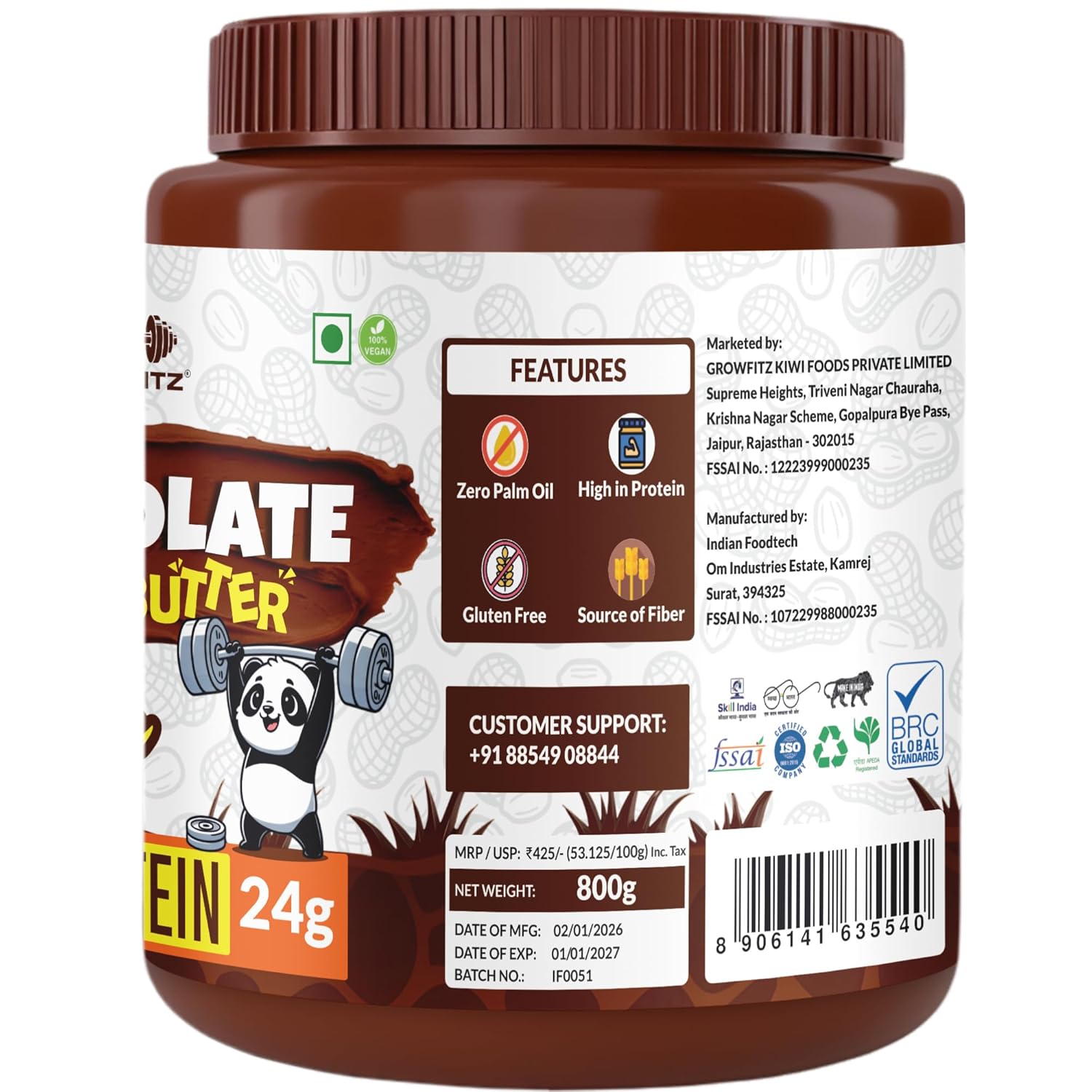 Growfitz Peanut Butter Chocolate Smooth 800g | 24g High Protein Peanut Butter | 7g Fiber | Tasty & Healthy Nut Butter Spread for Breakfast & Snacks | Roasted Peanuts | Zero Sugar (Pack of 1)