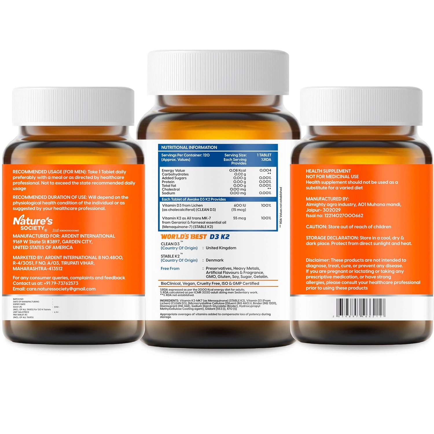 The Nature's Society Â® Vitamin D3 K2 Supplement | D3 from UK | K2 MK7 from Denmark | For Calcium Utilization, Bone Strength & Heart Health | D3 Supplement For Immunity | Vegan D3 - Lichen - 120 Veg Tablets (120 count)