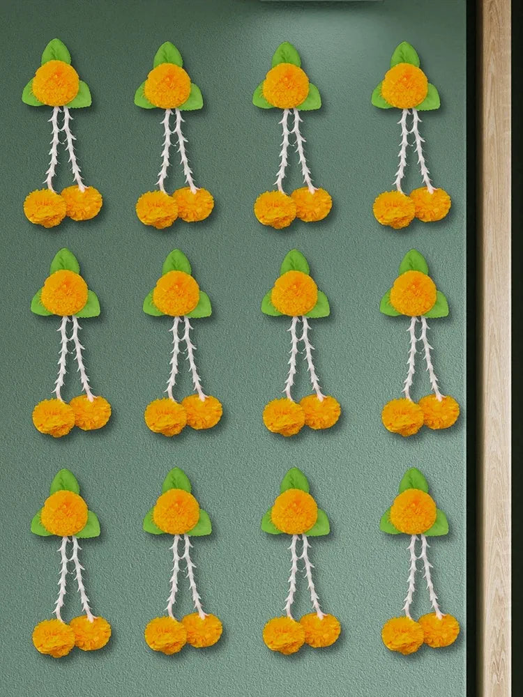 Plastic Artificial Flowers And Leaves Decoration Pack of 12 - L Orange & Green