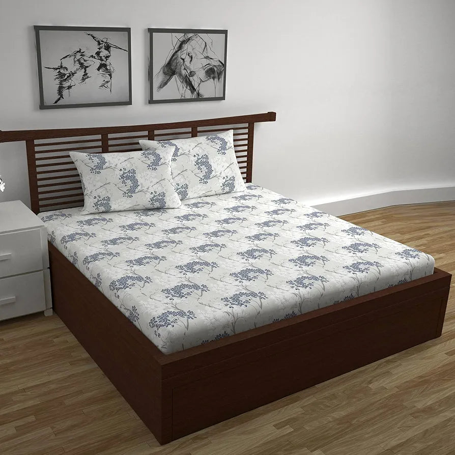 Divine Casa 144 TC 100% Cotton Bedsheet for Double Bed with 2 Pillow Cover Colour Grey Blue