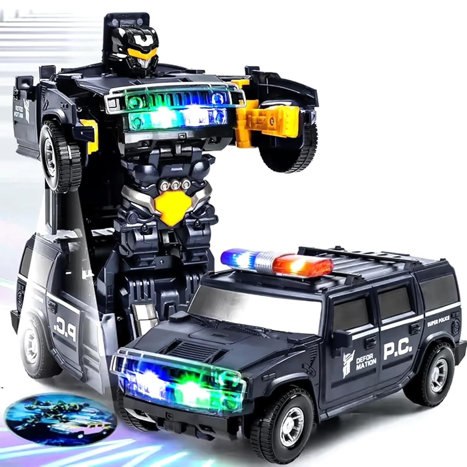 Kidology Transforming Robot Car Black With Light Police Cars for Kids