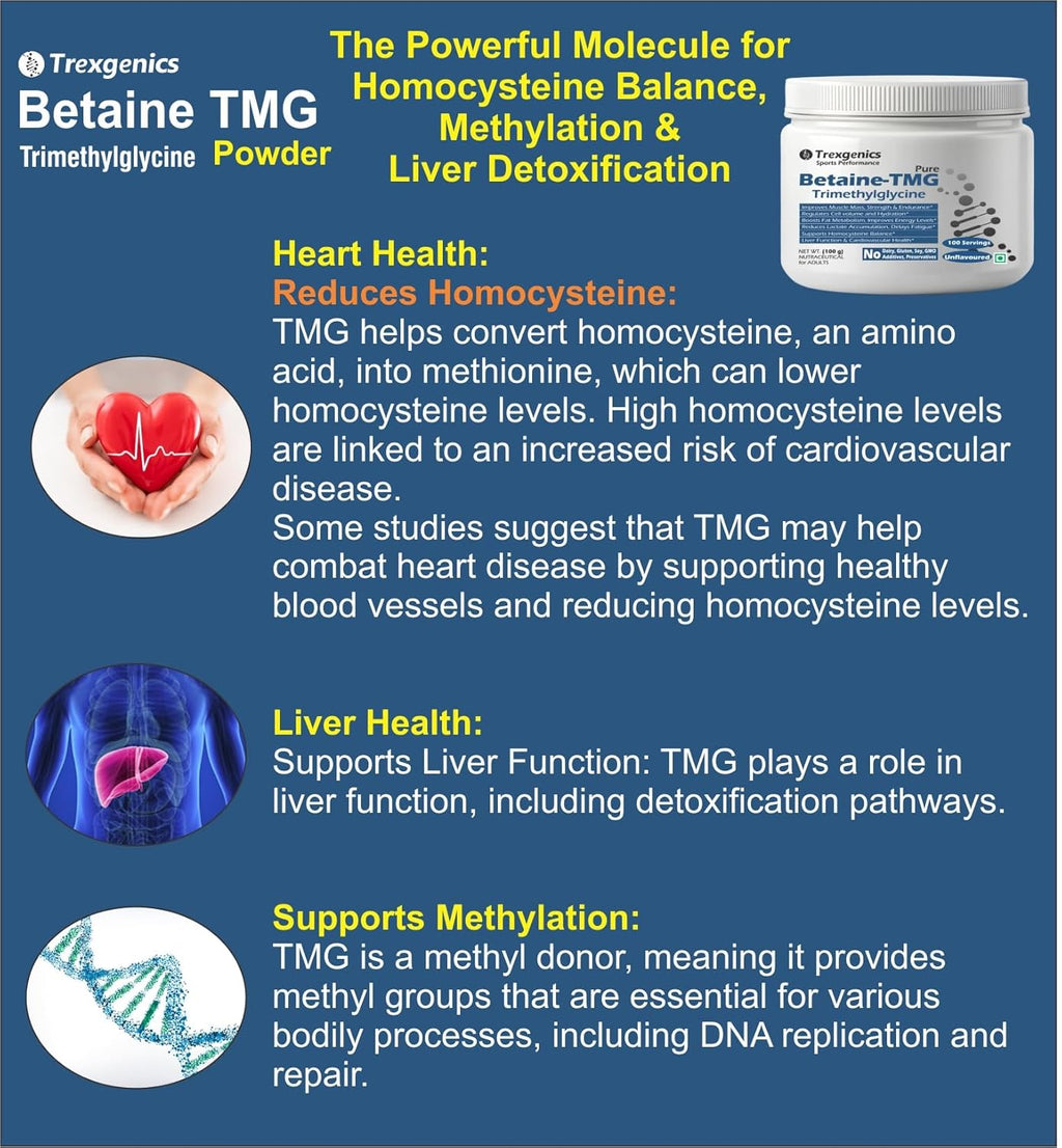 Trexgenics BETAINE-TMG Trimethylglycine Pure Powder - 100 Servings of 1 gram (100 gram)