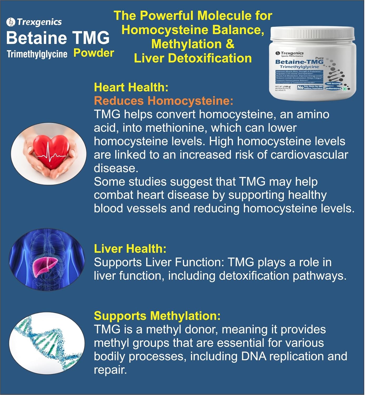 Trexgenics BETAINE-TMG Trimethylglycine Pure Powder - 100 Servings of 1 gram (100 gram)