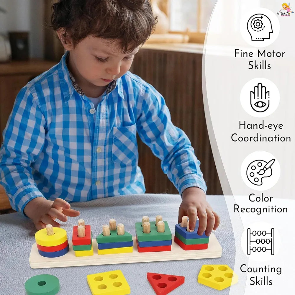 Wishkey Wooden Angle Geometric Stacker Shape Sorter Blocks,Educational Intelligence Early Learning Column Puzzle