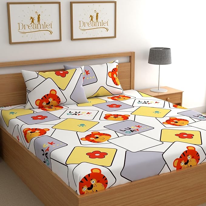 Dreamlet Prime Collections 180tc Pure Cotton Breathable Supersoft Wrinkelfree Double Flat Bedsheet With 2 King Size Pillow Covers | White & Yellow