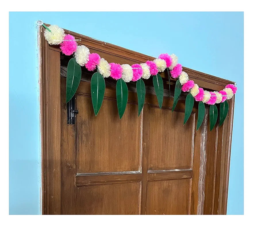 Artificial Marigold &Mango Leaves Simple Door-Window Toran Cream and Baby Pink