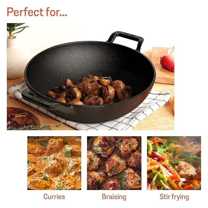 Meyer Pre Seasoned Cast Iron Kadai | Iron Kadhai with Lid 24cm/ 2 Liters Black