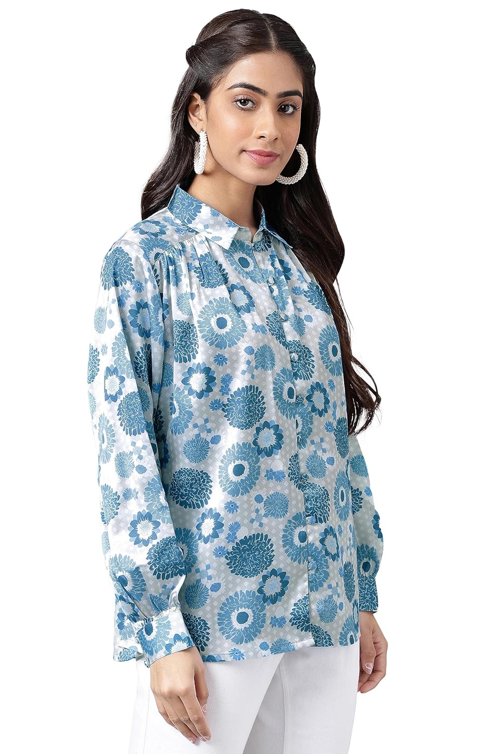 Janasya Women's Grey Satin Digital Floral Printed Shirt Style Top
