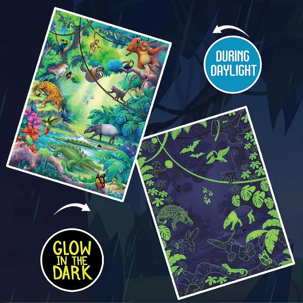 Playqid Glow in The Dark Tropical Rainforest Wild Animals Jigsaw Puzzle for Boys & Girls 72 Piece Floor Puzzle for Age 5 Educational Toy for Kids