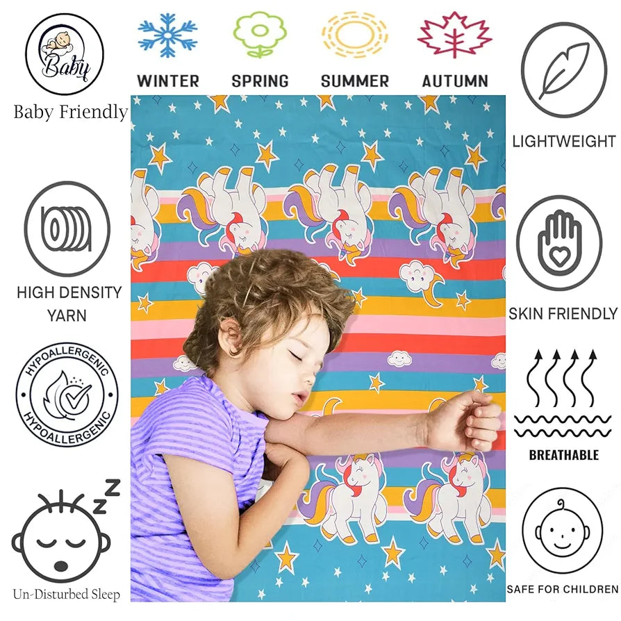 Fresh From Loom Glace Cotton Wrinkle Free Soft Cartoon Printed Single Size Bedsheets With 1 Pillow Covers 144 tc Multicolor Unicorn Multicolor