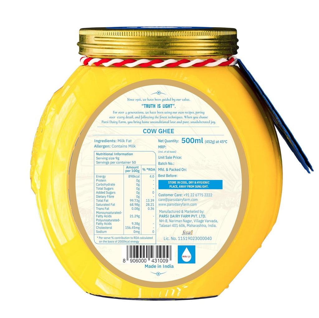 Parsi Dairy Farm's 100% Cow Ghee: Pure and Traditional Desi Ghee With No Preservatives & Vegetarian