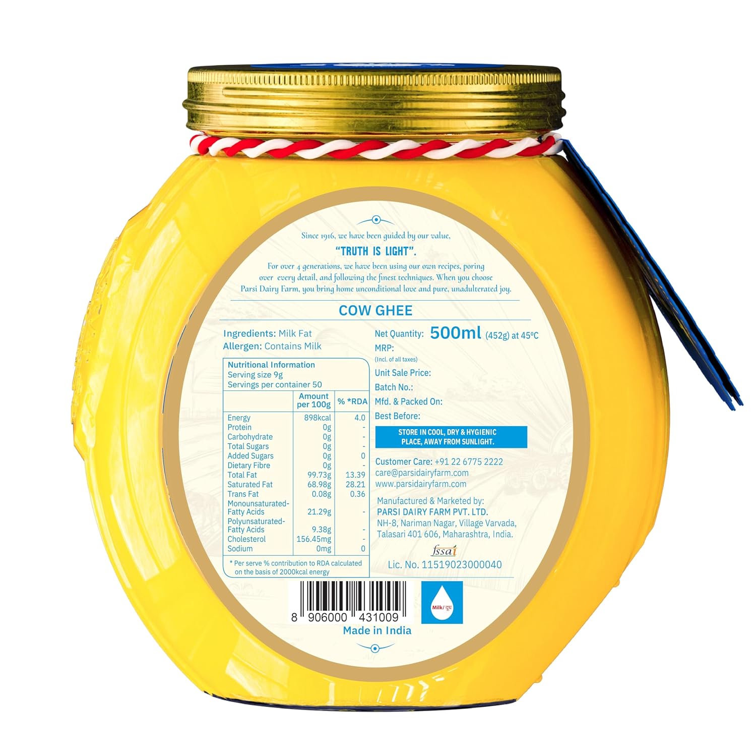 Parsi Dairy Farm's 100% Cow Ghee: Pure and Traditional Desi Ghee With No Preservatives & Vegetarian